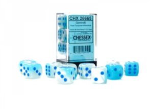 Dobókocka - Chessex Gemini Pearl d6 (16 mm) kockablokk Turquoise-White/Blue Luminary (12 db-os szett)