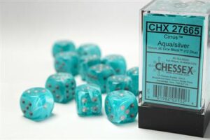Dobókocka - Chessex d6 (16 mm) kockablokk Cirrus Aqua w/silver (12 db-os szett)