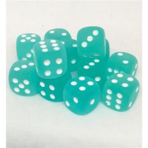 Dobókocka - Chessex d6 (16 mm) kockablokk Frosted Teal w/white (12 db-os szett)