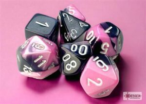 Dobókocka - Chessex Gemini® Mini-Polyhedral Black-Pink/white (7 db-os szett)