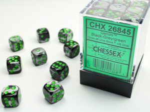 Dobókocka - Chessex Gemini d6 (12 mm) kockablokk Black-Grey/green (36 db-os szett)