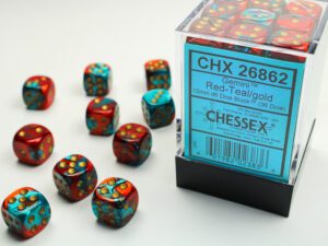 Dobókocka - Chessex Gemini d6 (12 mm) kockablokk Red-Teal/gold (36 db-os szett)