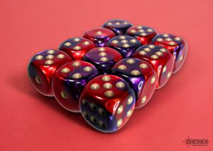 Dobókocka - Chessex Gemini d6 (16 mm) kockablokk Purple-Red/gold (12 db-os szett)